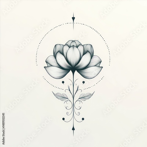 Intricate black and white floral design featuring a large blooming lotus flower with detailed petals, leaves, and circular dotted pattern on a light background