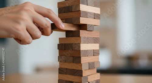 Precarious tower of alternating light and dark brown Jenga blocks with a hand in the process of removing a piece, indicating a game being played.