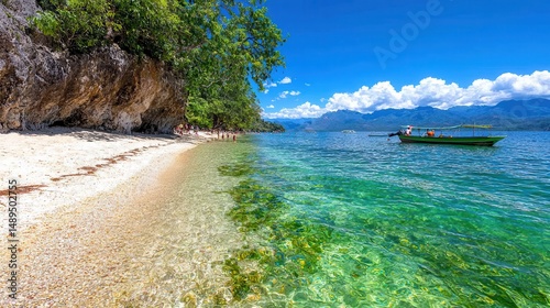 Tropical Beach Scene Turquoise Water, White Sand, and Lush Greenery