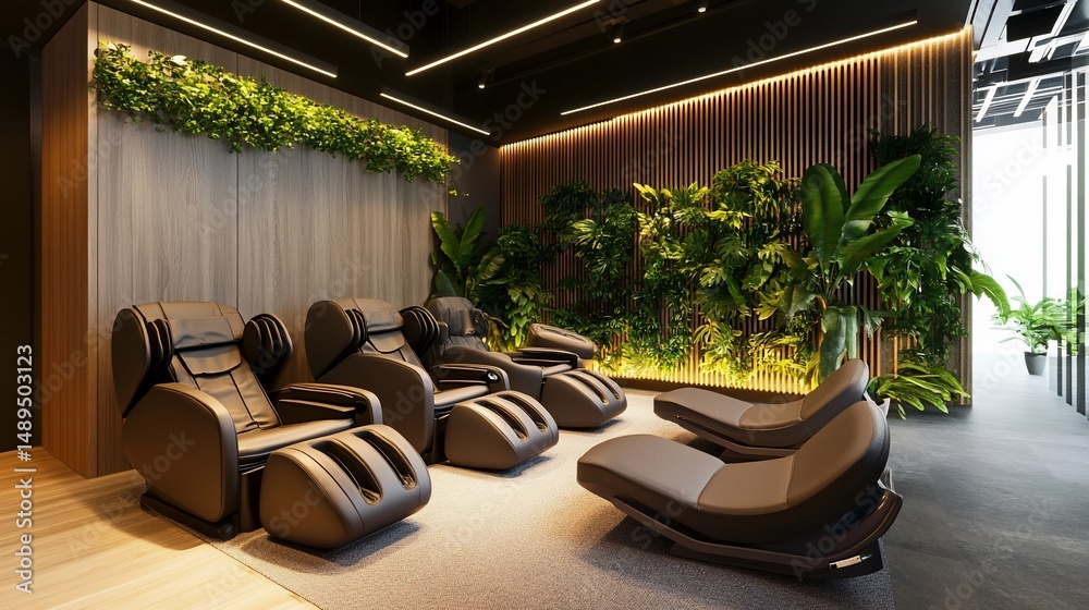 Fototapeta premium Indoor Relaxation Area with Massage Chairs and lush green vertical garden wall
