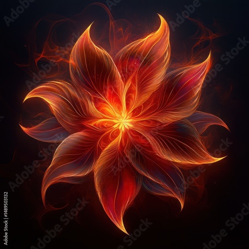 Glowing fiery flower with vibrant red and orange petals emitting light against a dark background, evoking warmth and energy