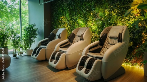 Three massage chairs positioned against a green wall with a large window on the left