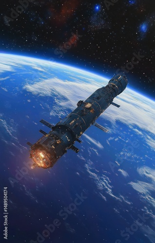 Futuristic spacecraft orbiting Earth with visible atmosphere and stars in the background creating a sense of exploration and innovation