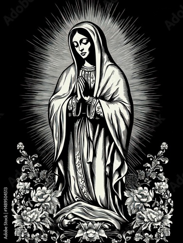 Monochrome illustration of a solemn woman in a long flowing robe with hands clasped in prayer surrounded by detailed floral designs and radiant light rays