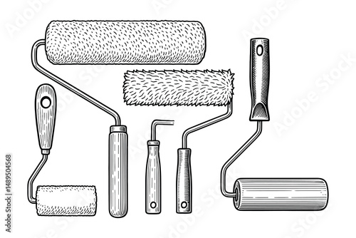 Engraved Illustration: Paint Rollers for Home Renovation and DIY Projects, Isolated