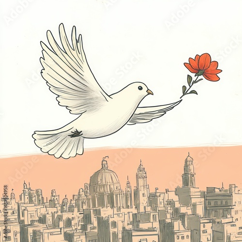 White dove flying over a cityscape holding a red flower in its beak symbolizing peace and hope