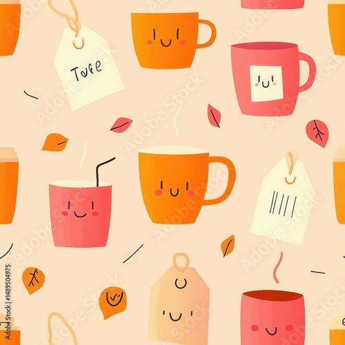 Seamless pattern of cheerful cartoon tea cups, mugs, tea bags, and floating autumn leaves on a light peach background