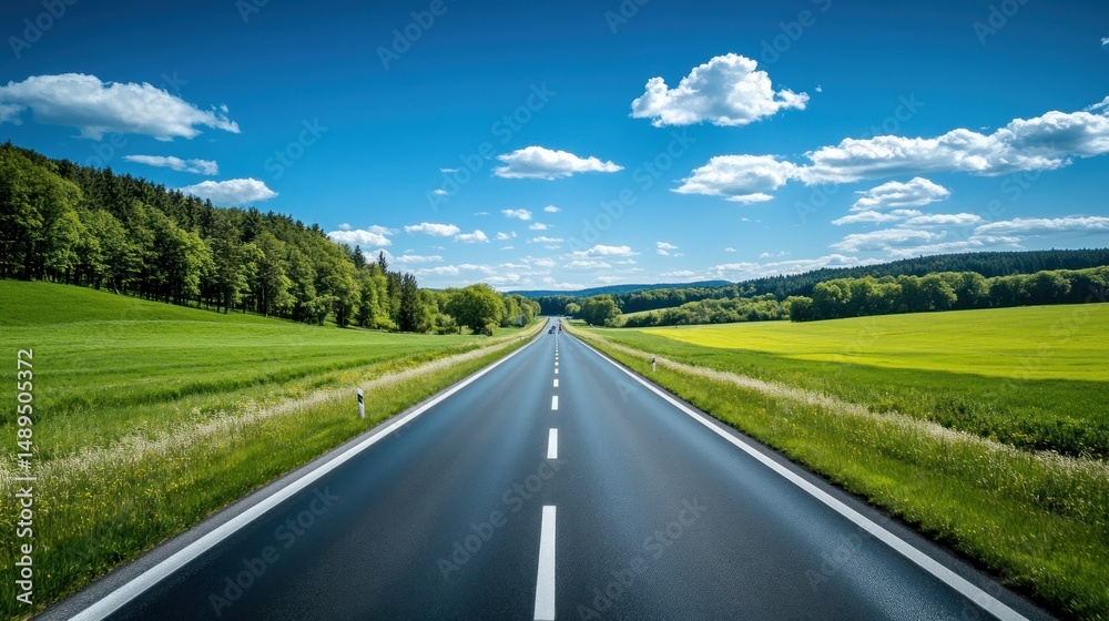 Fototapeta premium Endless Summer Road Trip: Asphalt Pathway Through Lush Green Fields