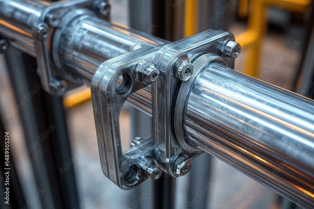 Close-up of shiny stainless steel industrial pipes connected by metallic clamps and bolts with blurred background Close-up of shiny stainless steel industrial pipes connected by metallic clamps and bolts with blurred background