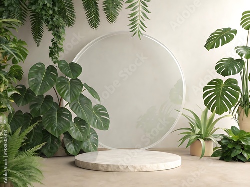 Round podium surrounded by various green plants and leaves against a neutral wall backdrop