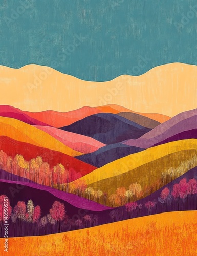 Vibrant abstract landscape with layered colorful hills and trees under a textured teal sky, evoking warmth and serene beauty
