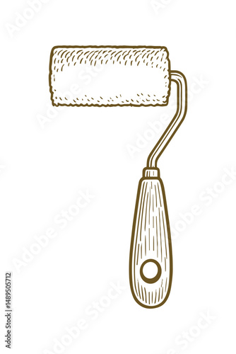 Engraved illustration of paint roller for surface treatment
