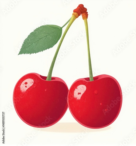Two bright red cherries with water droplets attached to green stems and a single leaf on a plain white background, showing freshness and natural appeal