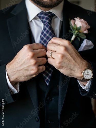A man wearing a suit and tie is fixing his jacket.