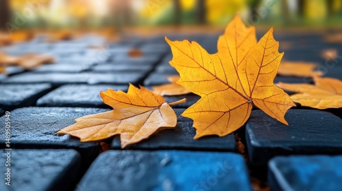 Golden Autumn Leaves on Dark Cobblestones with Blurred Background