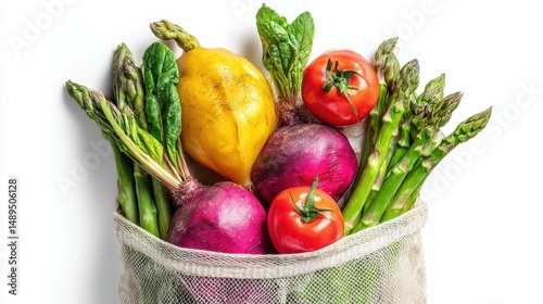 Fresh Organic Vegetables in Eco-Friendly Bag on White Background
