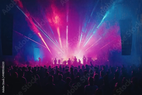 Large crowd watching a live concert with vibrant purple and blue stage lights illuminating the performers and creating a lively atmosphere