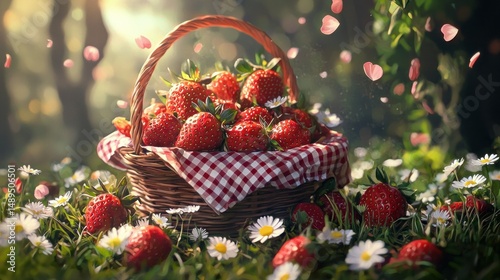 Fresh strawberries in wicker basket with daisies on green grass background