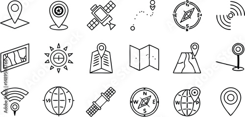 Minimal outline vector icons set for GPS navigation, location tracking, and digital map interface,location pin icon set vector collection,IP Address Location Icons Set,Pin Markers,Linear map,Ai