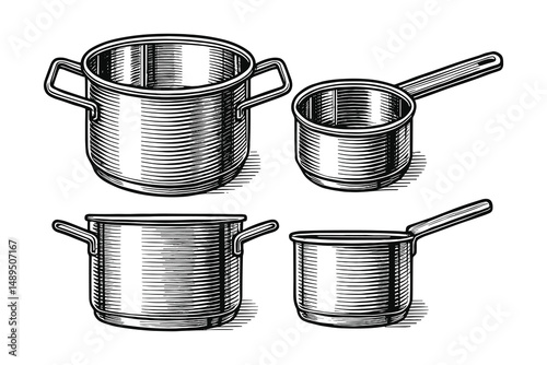 Engraved Illustration of Cookware Set: Stainless Steel Pots and Pans Collection