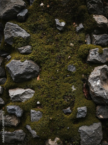 A mossy rock wall has various sized rocks and patches of grass.