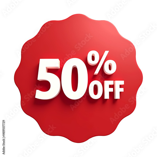 A red tag with fifty percent off in white text  for sales and promotions isolated on transparent backgruond