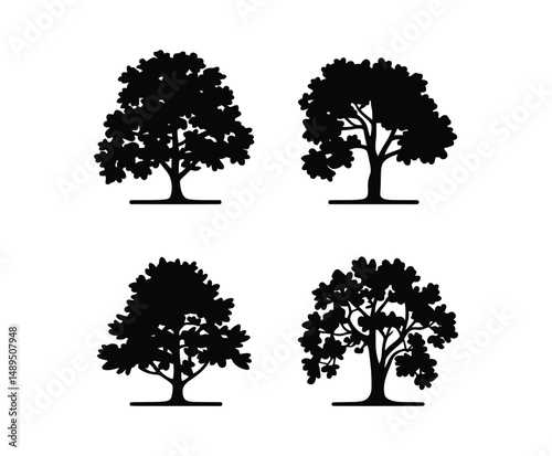 Simple Oak Tree Silhouette Collection Vector Template