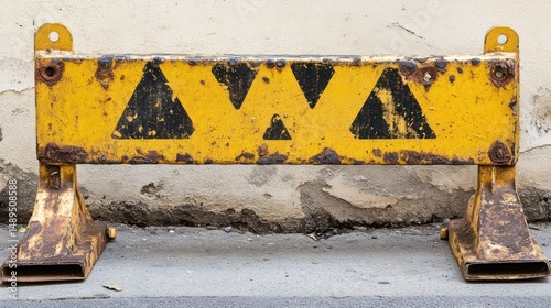 Rusty metal barricade with warning triangles grunge texture safety sign