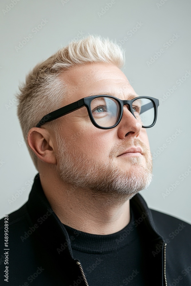 Fototapeta premium A chic gentleman dressed in style and confidence. Modish men's undercut haircut - midlife white man with blond hair. Conceptual art of style for aging men. Pure white solid background.