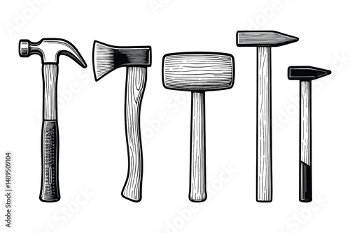 Illustrative Array of Carpentry Tools: Hammers and Axe in a Traditional Woodcut Style.