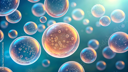 Bubbles filled with micro elements float in vibrant blue background, showcasing beauty of sodium and polyacrylate in trial of pulp