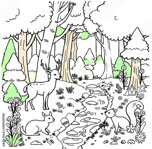 eer, fawn, and squirrel peacefully by a stream in a partially colored woodland coloring page illustration