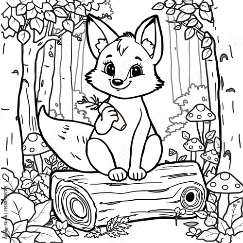 Cute fox with curious mood sitting on log in magical forest