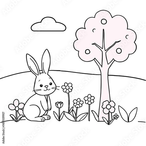 Simple line drawing of rabbit and apple tree, black and white, for children's Easter coloring page [with copy space]