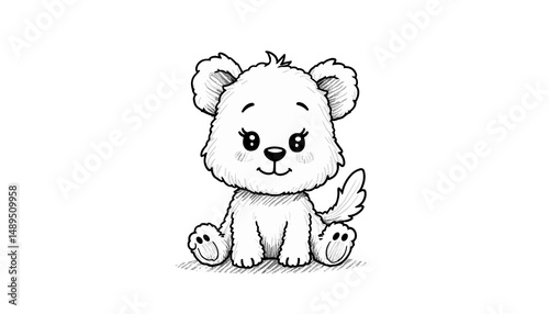 Adorable bear cub sketch sweetly smiling and sitting against a plain white background [with copy space]