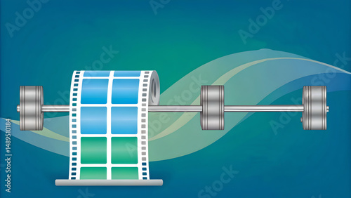 Film reel and barbell symbolize fusion of fitness and creativity in vibrant design