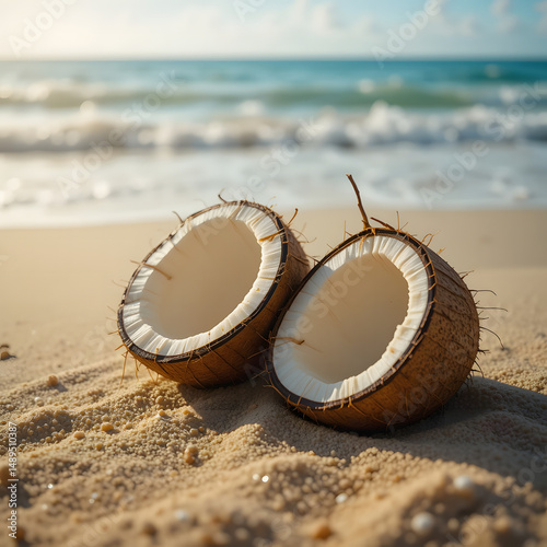 Fresh coconut half on tropical sandy beach with palm and sea background photo