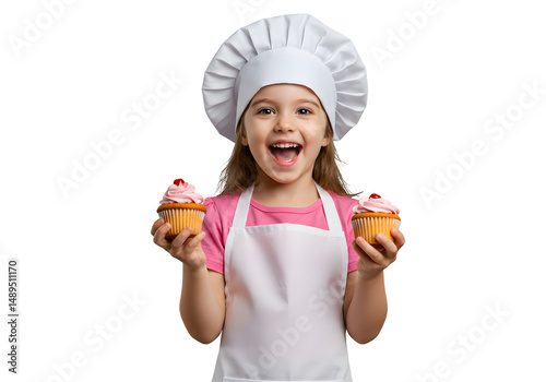 Girl Holding Cupcakes Wearing Chef Hat and Apron, Excited