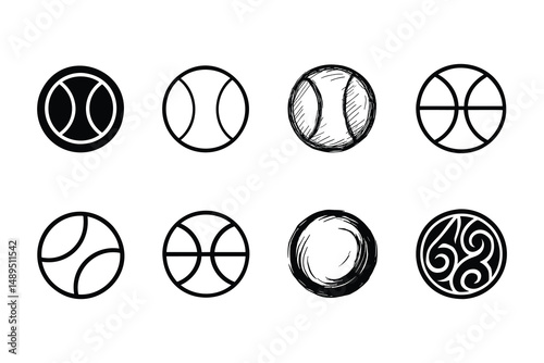 Collection of Round Shaped Sport Ball Icons, Black and White Vector Illustrations