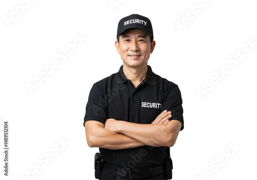 Smiling Security Guard Poses with Arms Crossed on Black Backdrop