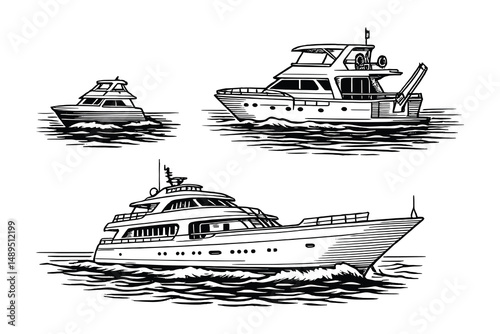 Set of Hand-Drawn Luxurious Yacht Illustrations on White Background, Sea Transport