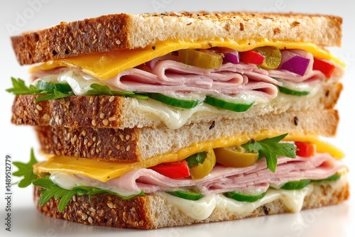 A sandwich cut in half to reveal layers of ham, cheese, and vegetables, isolated on white for lunch menu designs