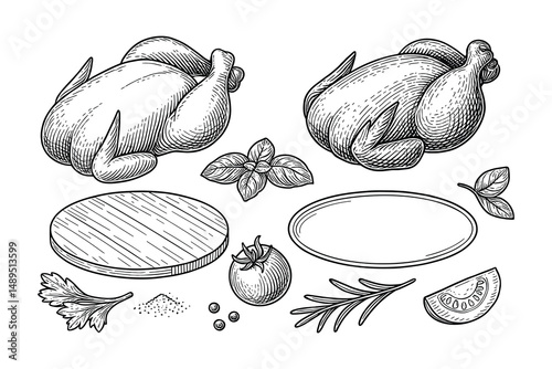 Detailed Engraving of Poultry with Herbs and Vegetables for Food Illustrations