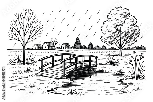 Detailed woodcut illustration showcasing a gentle rain falling on a landscape scene