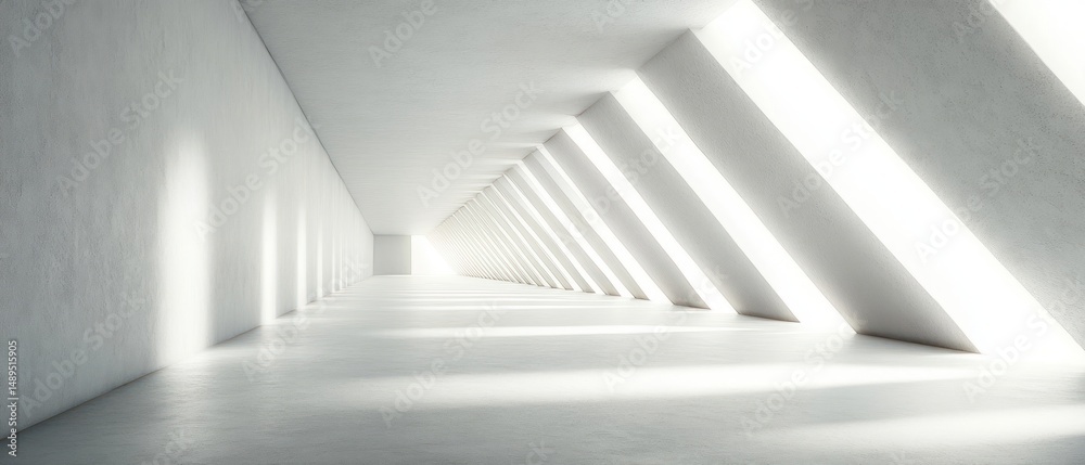 Naklejka premium Empty bright modern hallway with strong diagonal beams of natural light creating geometric shadows on the floor and walls, evoking a serene and minimalist atmosphere