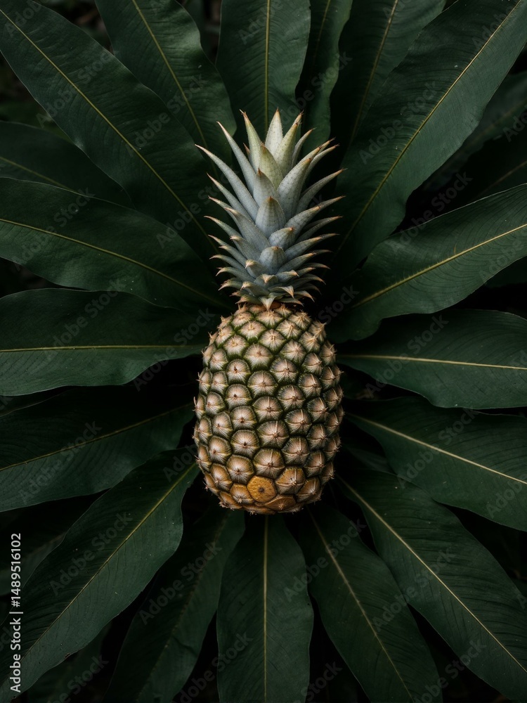 Fototapeta premium A pineapple is seen in between leaves.