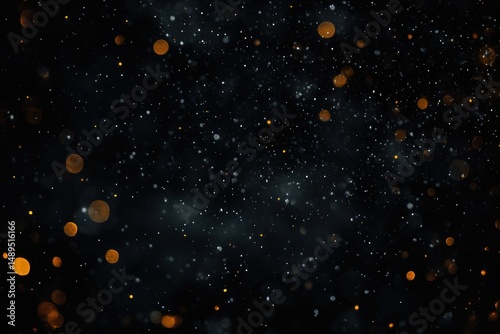 Dark space with scattered glowing orange and white dust particles creating a sparkling and mysterious atmosphere