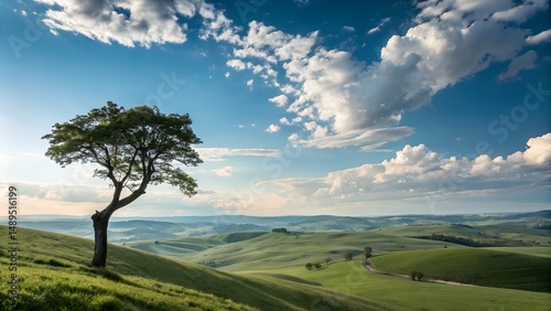 Scenic Rolling Hills with Lone Tree and Cloudy Blue Sky photo
