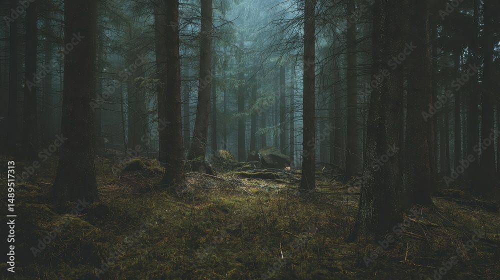 Fototapeta premium Enigmatic Foggy Forest Scene with Tall Trees, Mossy Ground, and Mysterious Atmosphere Invoking Tranquility and Stillness in Nature