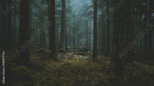 Enigmatic Foggy Forest Scene with Tall Trees, Mossy Ground, and Mysterious Atmosphere Invoking Tranquility and Stillness in Nature